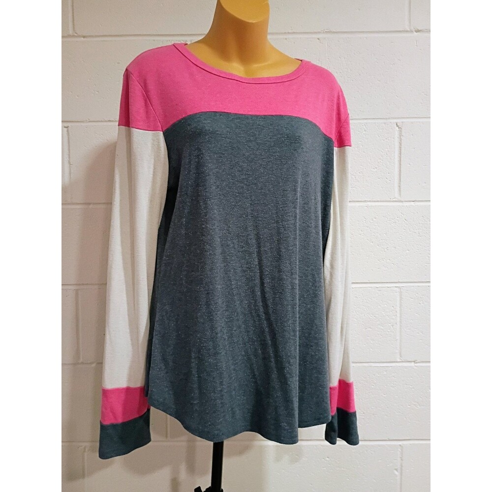 Women's XL Color Block Long Sleeve Crew Neck Top Pink Gray White Pullover